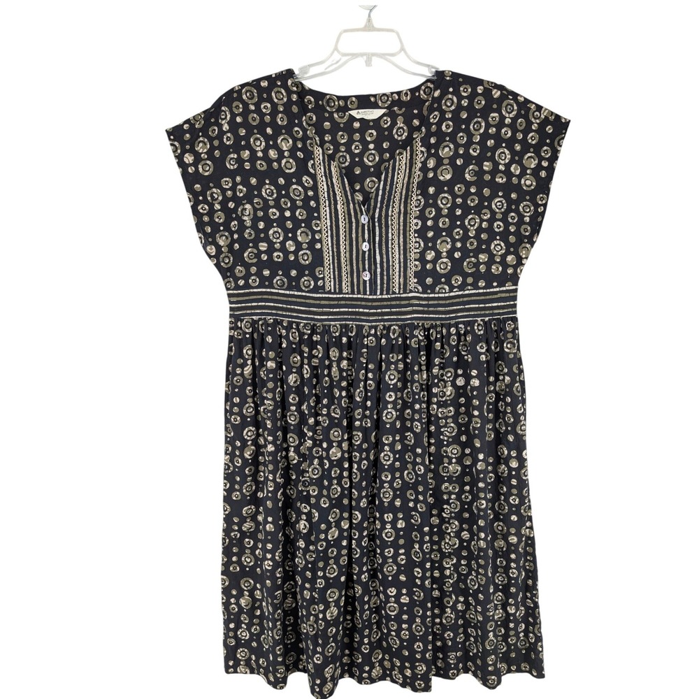Marketplace Handwork of India Dress L Black Olive Batik Cotton Boho Artisan